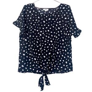 Umgee Black Mix Animal Print Round Neck Short Ruffle Sleeve Tieable Top small